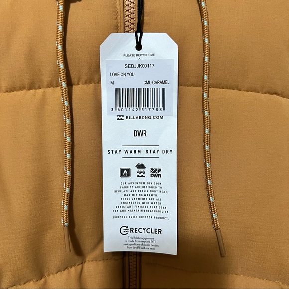 Billabong Love On You Recycler Jacket sz M, Caramel New with Tag - Picture 5 of 8